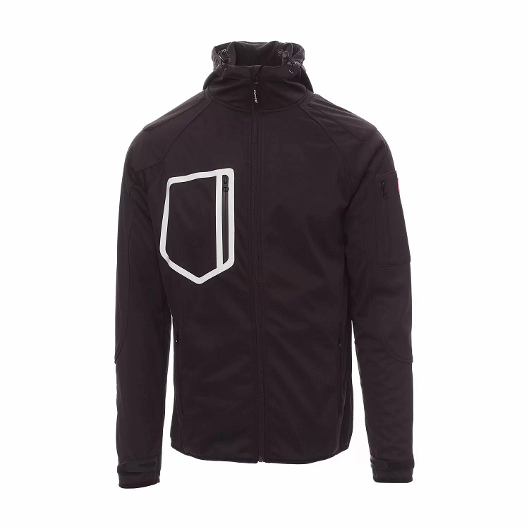 Μπουφάν Soft-shell Payper Extreme από το Molossos Wear, μαύρο χρώμα με λευκή τσέπη στο στήθος και κουκούλα.
