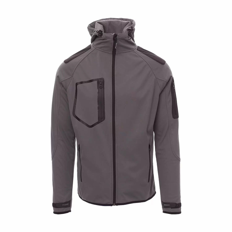 Μπουφάν Soft-shell Payper Extreme από το Molossos Wear, χρώμα steel grey με μαύρη τσέπη στο στήθος και κουκούλα.