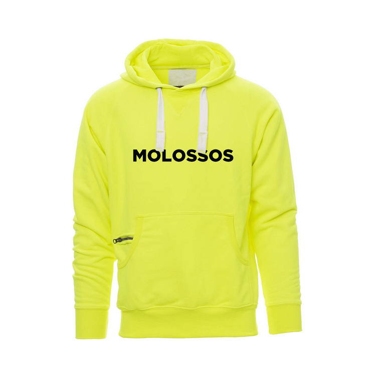 Molossos fluo yellow, ανδρικό φούτερ με κουκούλα, κίτρινο φωσφοριζέ χρώμα, άνετο ζεστό ένδυμα ιδανικό για casual εμαφανίσεις!